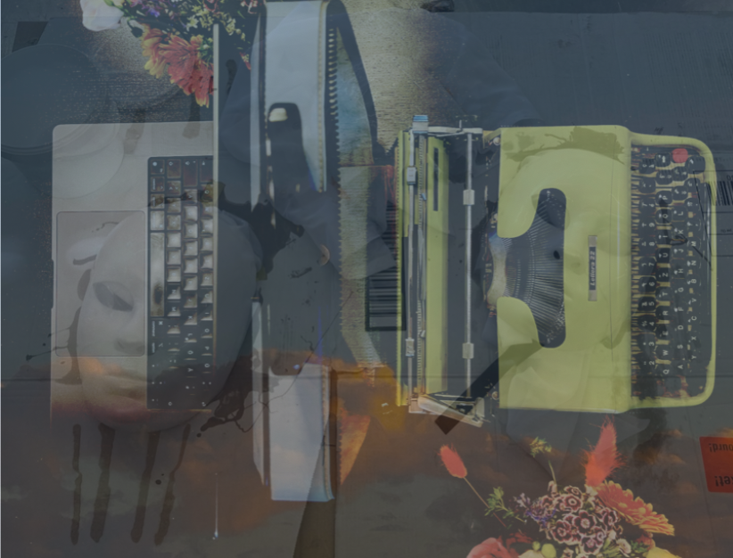 Surreale Bildkomposition, in der ein aufgeklappter Laptop mit Tastatur und einer weißen Theatermaske mit leeren Augenhöhlen mit einer gelbgrünen Schreibmaschine