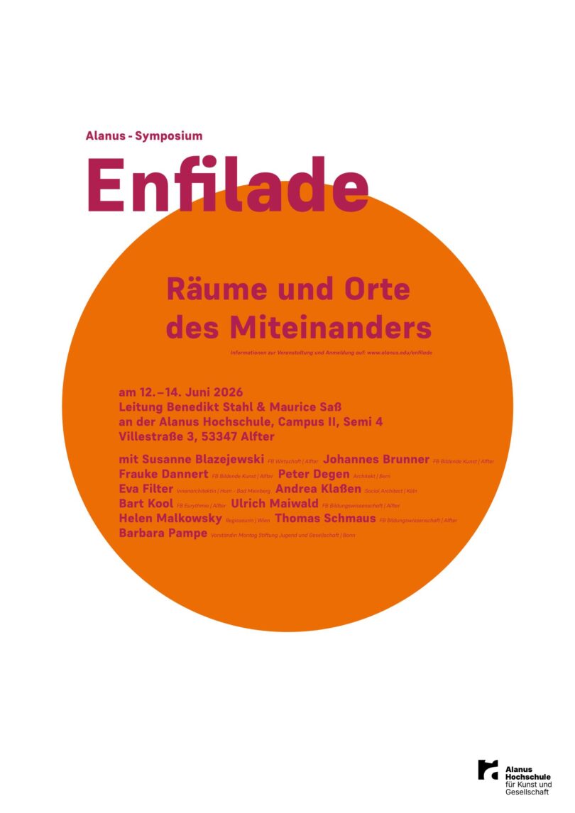 Plakat für das Alanus-Symposium „Enfilade – Räume und Orte des Miteinanders“ vom 12.–14. Juni 2026 an der Alanus Hochschule, Campus II in Alfter. Im Zentrum ste