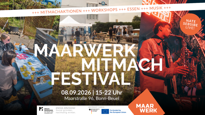 Werbeplakat für das „Maarwerk Mitmach Festival“ mit drei Fotos: links sitzen Menschen an einem Tisch im Freien und arbeiten mit bunten Post-its, in der Mitte st