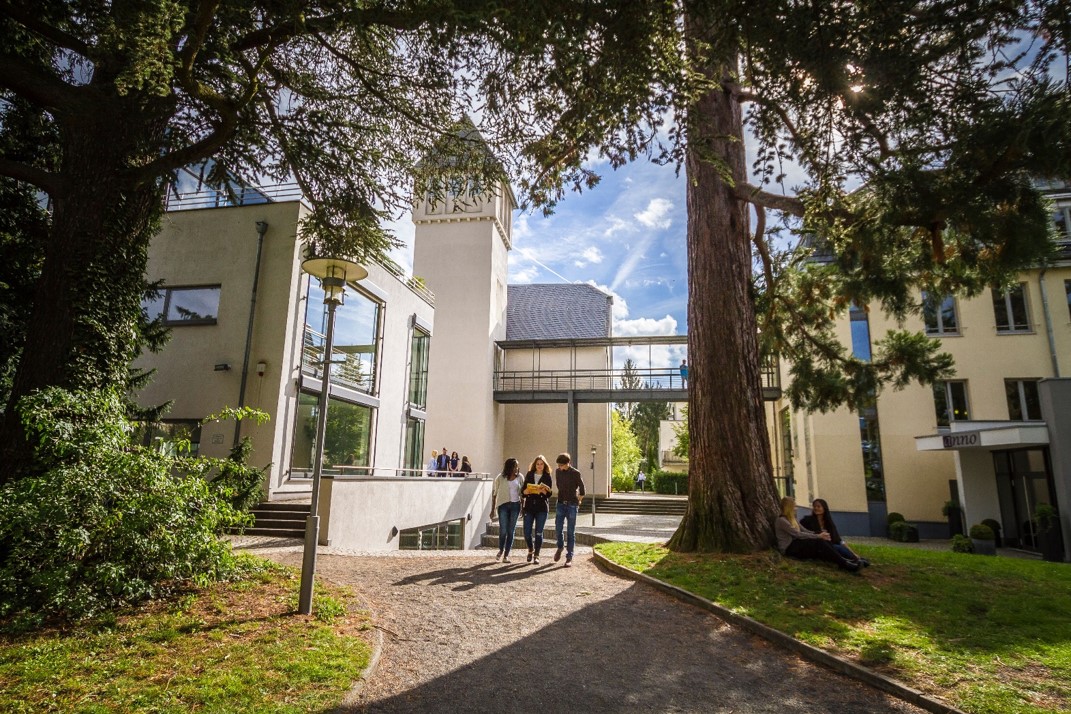 Mehrere Studierende gehen auf einem schmalen Weg zwischen hohen Bäumen und modernen, hellen Hochschulgebäuden entlang, weitere Personen sitzen und stehen in kle