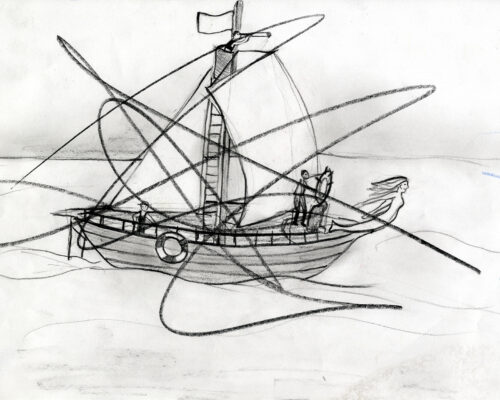 Segelschiff mit Meerjungfrauengalionsfigur in stürmischem Wind Schwarz-weiße Bleistiftzeichnung eines Segelschiffs auf dem Meer. Auf dem Bug ist eine Meerjungfrauenfigur als Galionsfigur zu sehen, ein Matrose steht am Steue