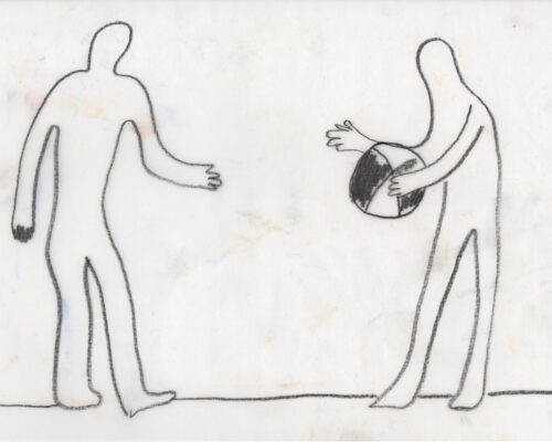 Zwei Figuren beim Ballspiel Einfache Strichzeichnung von zwei stilisierten, kopflosen Figuren, die sich gegenüberstehen. Die Figur rechts hält einen großen, zweifarbig schattierten Ball in