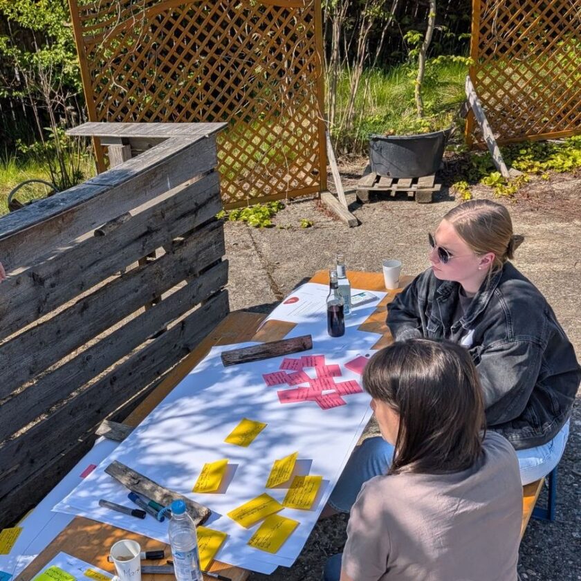Zwei junge Frauen sitzen draußen an einem Holztisch und arbeiten an großen Papierbögen, auf denen viele bunte Haftnotizen liegen. Um sie herum stehen Holzwände