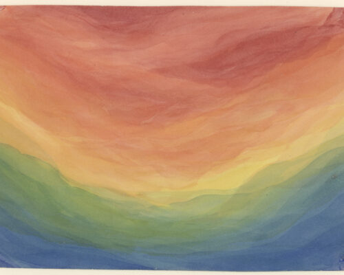 Abstrakte Farbverläufe in Blau, Grün, Gelb und Rot Abstraktes Aquarell mit weichen, wellenartigen Farbschichten, die von tiefem Blau im unteren Bereich über Grün und Gelb bis zu warmen Orange- und Rottönen im ob