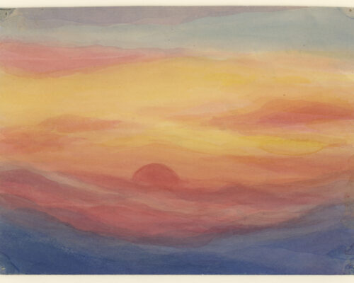Zarter Sonnenaufgang über farbigen Wolkenschichten Aquarell eines farbenfrohen Himmels bei Sonnenaufgang oder Sonnenuntergang, mit weich verlaufenden Schichten in Gelb, Orange, Rosa und Violett. Unten ist die ha