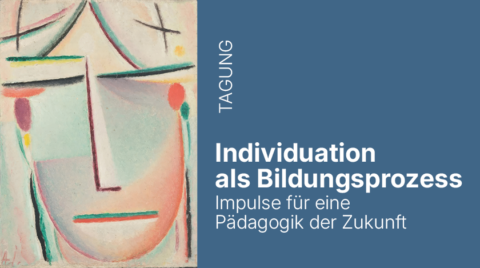Grafik zur Tagung mit einem abstrakten, pastellfarbenen Gesicht links und blauem Hintergrund rechts. Dort steht der Text: „TAGUNG – Individuation als Bildungspr