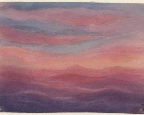 Abstrakter Himmel in Rosa- und Lilatönen Aquarellmalerei eines abstrakten Himmels oder Horizonts in weichen, fließenden Farbschichten von Lila, Rosa, Blau und Pfirsich, die wie sanfte Wolken oder Welle