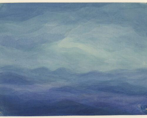 Abstrakte Blaulandschaft in Aquarell Aquarell mit sanft verlaufenden Blautönen, die in horizontalen, wellenartigen Schichten übereinanderliegen und an eine abstrakte Darstellung von Meer und Himmel