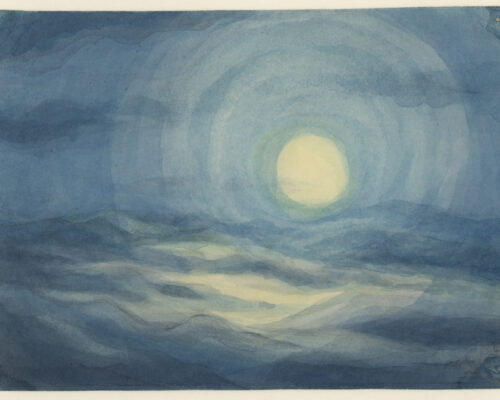 Mond über nebelblauen Hügeln Aquarell einer nächtlichen Landschaft in Blautönen: Ein großer, heller Vollmond steht zentral am Himmel und ist von konzentrischen, weich verlaufenden Kreisen a