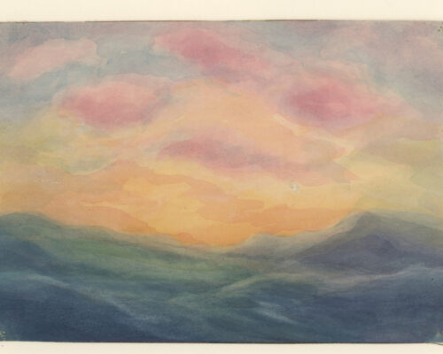 Sanfter Sonnenhimmel über nebeligen Hügeln Aquarell einer stimmungsvollen Landschaft bei Sonnenauf- oder -untergang, mit weichen, ineinander verlaufenden Pastellfarben. Unten deuten sich in Blautönen neb