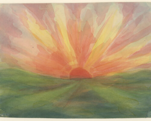 Aquarell-Sonnenaufgang über grünen Hügeln Aquarellmalerei eines Sonnenaufgangs hinter sanften grünen Hügeln. Warme Gelb-, Orange- und Rosatöne strahlen fächerförmig vom halbrunden Sonnenball aus und ver