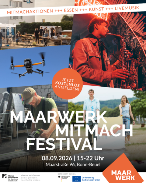 Werbeplakat für das „Maarwerk Mitmach Festival“ mit mehreren Fotos: oben links eine Gruppe Menschen an Werkbänken im Freien, oben rechts eine Person, die Saxofo