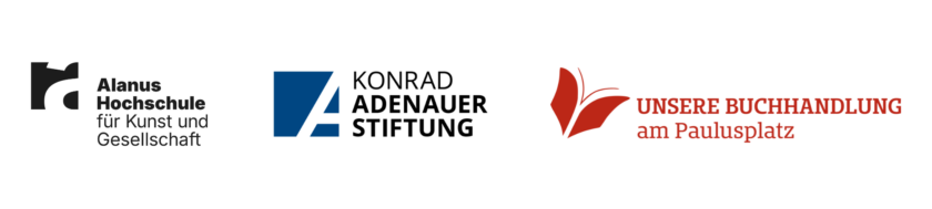 Drei nebeneinander angeordnete Logos: links das Logo der Alanus Hochschule für Kunst und Gesellschaft in Schwarz mit abstrakter Form und Schriftzug, in der Mitt