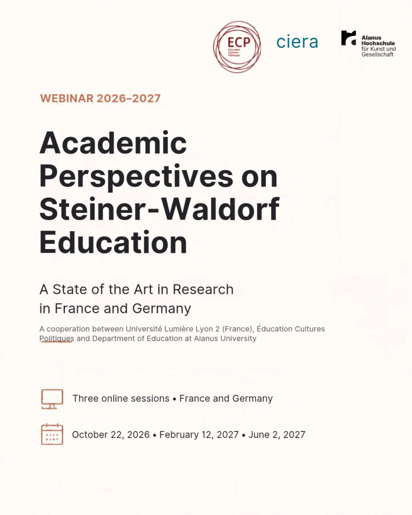 Plakat für das Webinar 2026–2027 mit dem Titel „Academic Perspectives on Steiner-Waldorf Education – A State of the Art in Research in France and Germany“. Oben