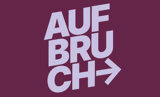 Grafik mit dem Wort „AUFBRUCH“ in großen, helllila Blockbuchstaben, vertikal gestapelt auf dunkelviolettem Hintergrund; der letzte Buchstabe „H“ geht in einen P