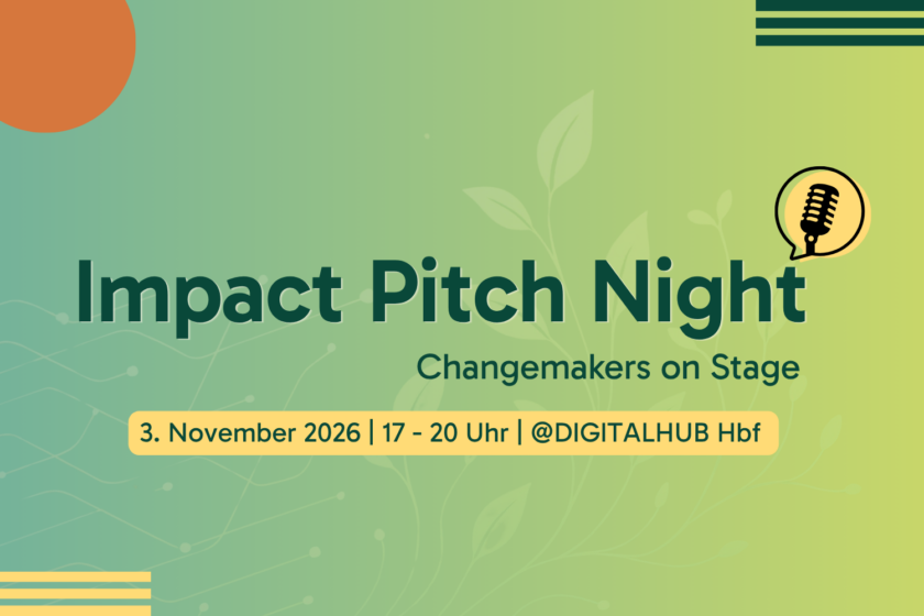 Grünes Veranstaltungsbanner mit dem Titel „Impact Pitch Night – Changemakers on Stage“. Darunter steht das Datum 3. November 2026, Uhrzeit 17–20 Uhr und der Ort